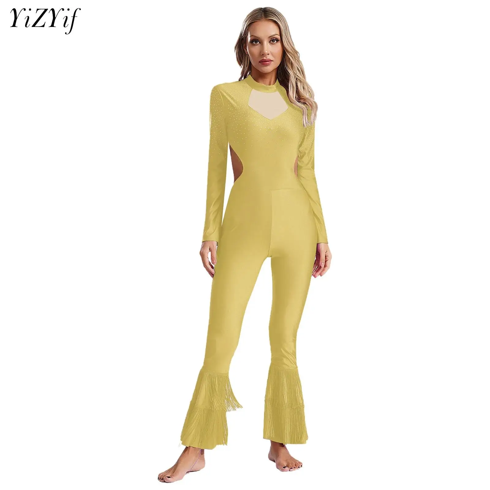 Women Tassels Ballet Full Length Bodysuit Long Sleeve Bell-Bottom Jumpsuit for Figure Skating Gymnastics Latin Dance Performance