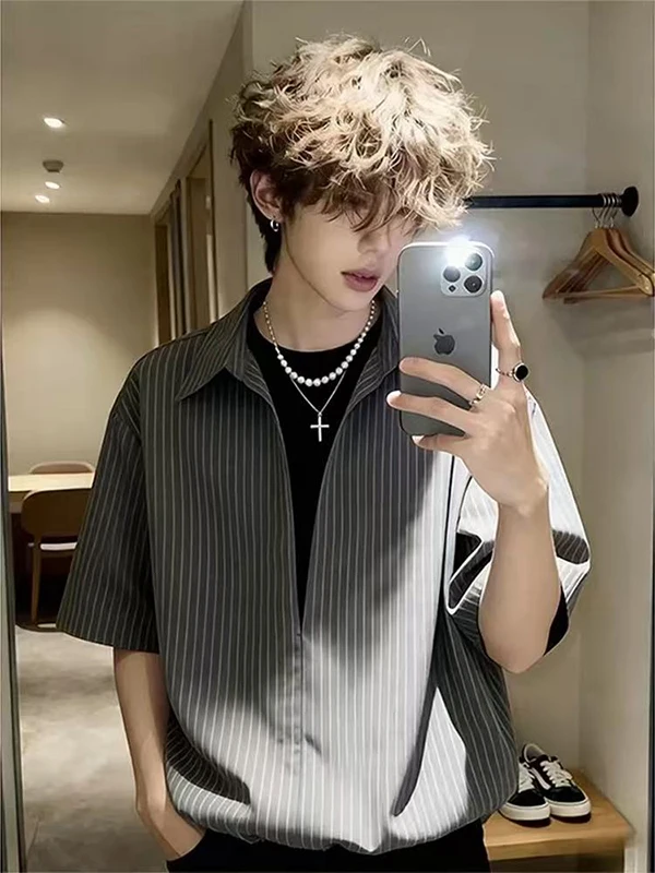 

Gray High-End Men's Short-Sleeve Ice Silk Shirt Summer Stripe Patchwork Flip-Collar Trendy T-Shirt Casual Loose Fit Polyester