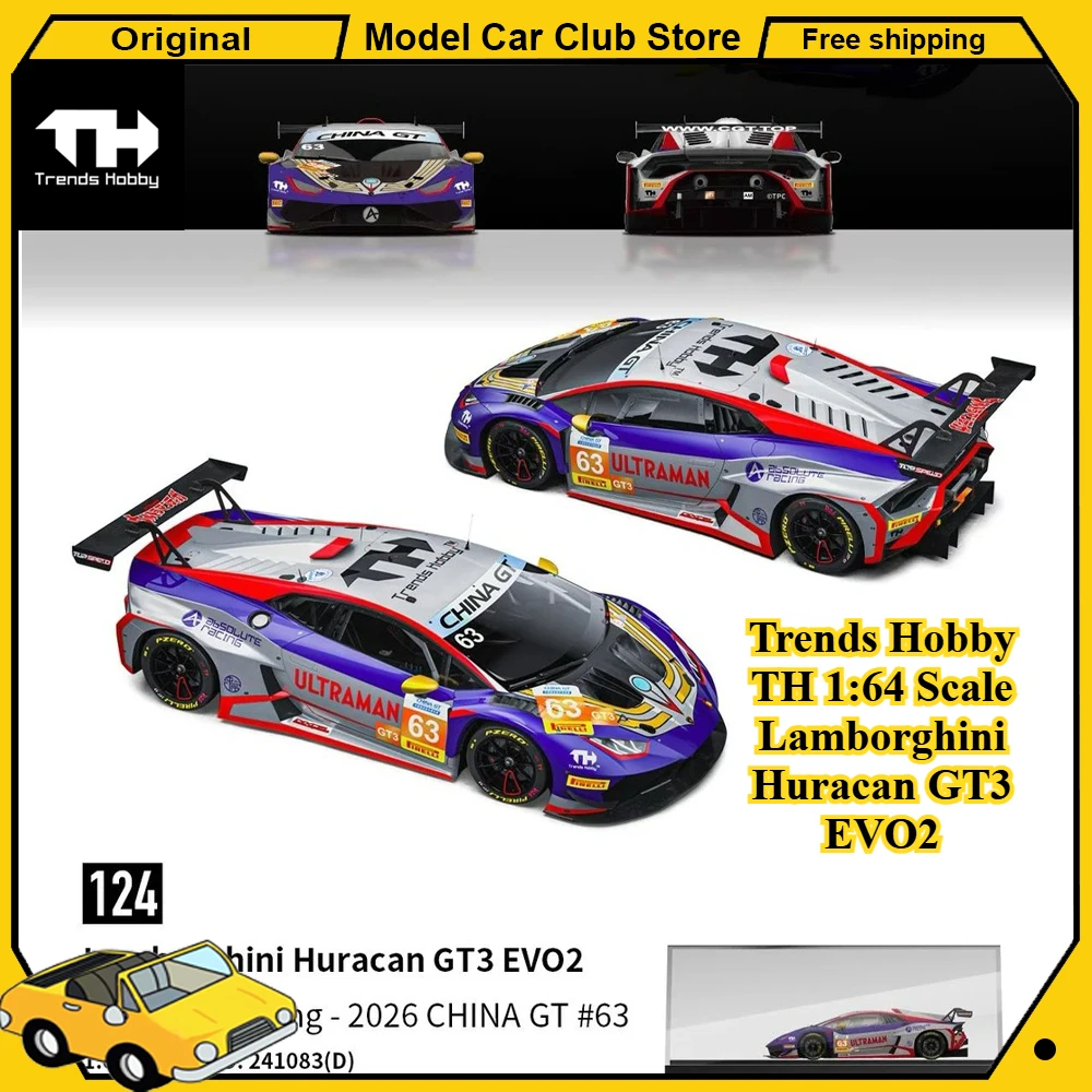 

Trends Hobby TH 1:64 Scale Lamborghini Huracan GT3 EVO2 Absolute Racing 2026 CHINA GT #63 Alloy Car Model Diecast Collection Toy