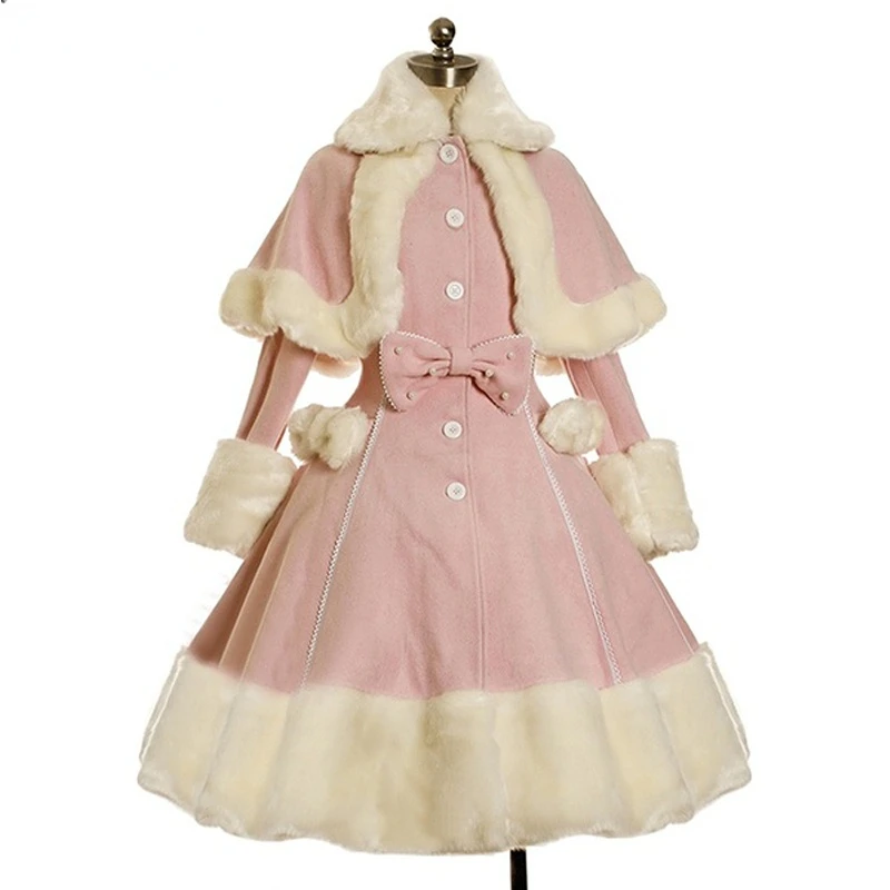 Women Lolita Autumn Coat Warm Fur Collar Bowknot Dress Jacket Fashion Sweet Princess Breasted Overcoat Halloween Costume