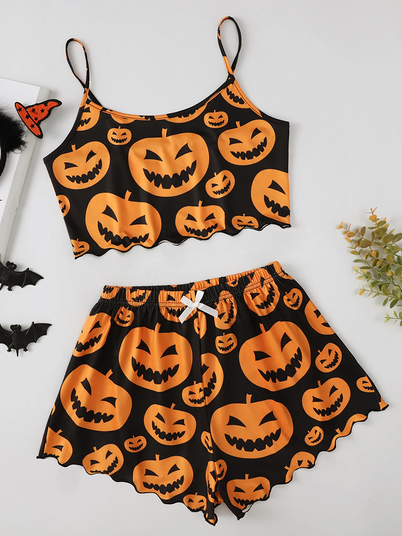

European and American style Halloween pumpkin print sleeveless suspender top shorts home clothes pajamas women's suit