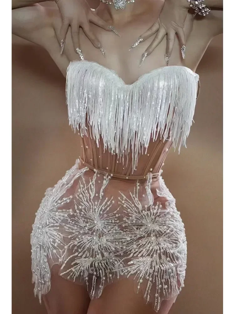 Stock Bar Nightclub Stage Performance Dress Women Backless Halter Tassel Pearl Snow Mini White Dress Birthday Party Costume