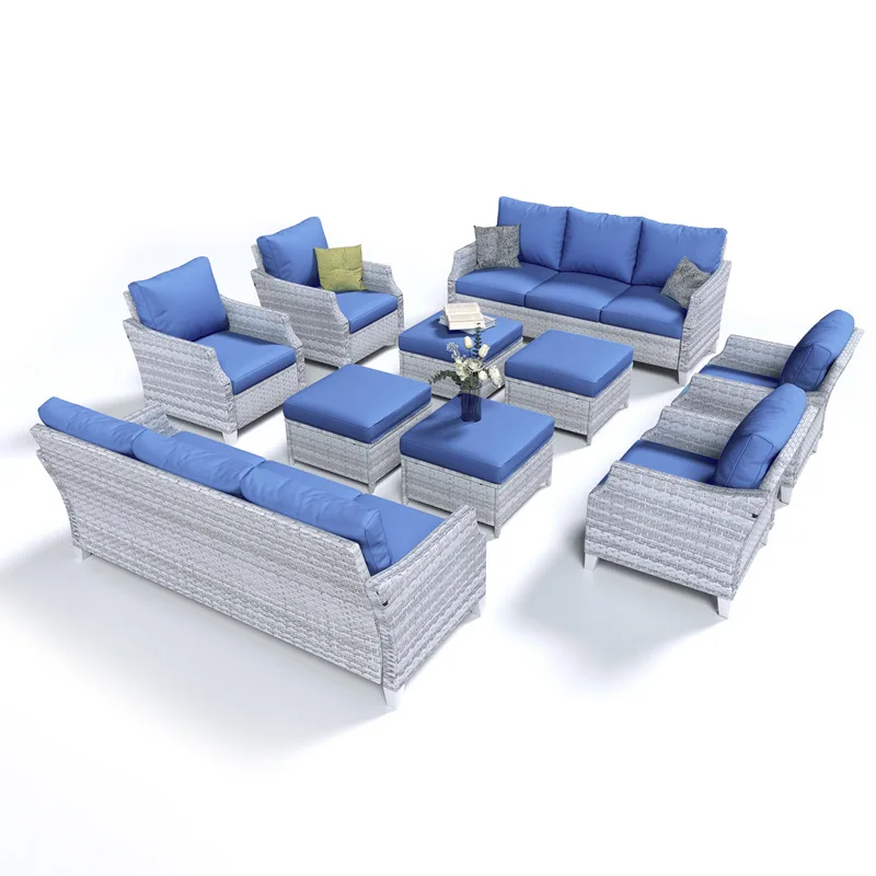 Modern PE Rattan Outdoor Sofa Set Blue 3-Seater with Footstool UV-Resistant Quick-Dry & Eco-Friendly for Outdoor Garden Use