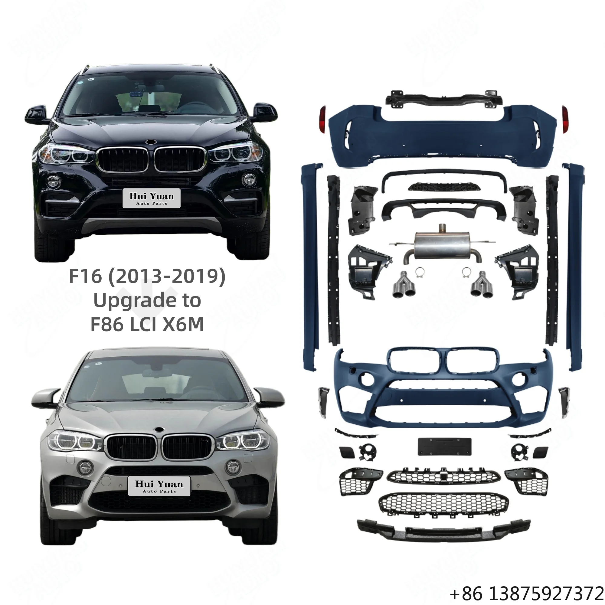 

Комплект для рестайлинга X6 F16 2013-2019: передний/задний бампер, решетка радиатора, выхлопные трубы, обвес для модели F86 LCI X6M