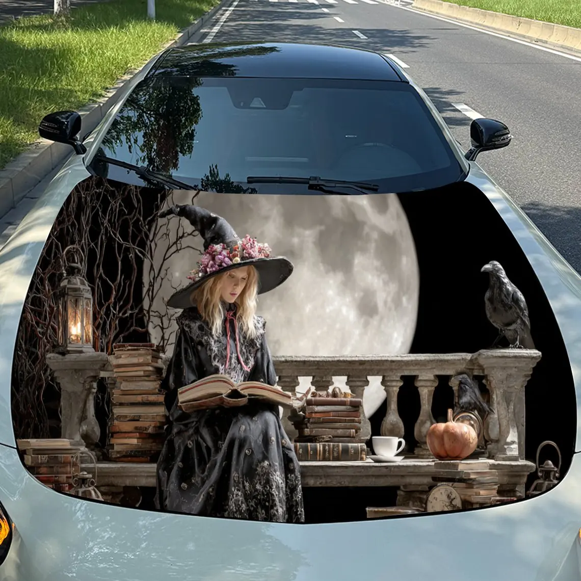Dark Witch Reading by Moonlight Car Engine Hood Vinyl Wraps Sticker, Trendy Auto Cover Decal, Waterproof Self-adhesive Vehicle D