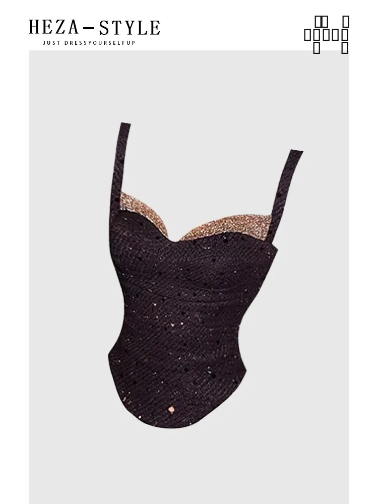 Top Corto de Lentejuelas Heza para Mujer, Chaleco Ajustado con Diseño de Parches, Estilo Coreano, Corte en A, para un Cuerpo en Forma de Pera