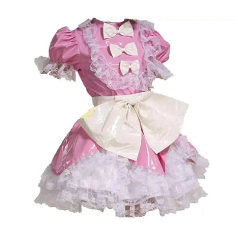 

Girls Dance Dress Sissy Lace Bow Lockable Pink PVC Dress Cosplay Dress Maid Customization