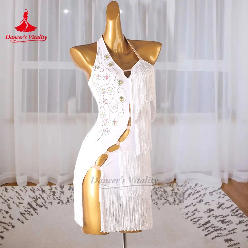 

Танцевальное платье для латиноамериканских танцев без рукавов с высоким разрезом и бахромой для взрослых женщин: чача, самба, сальса. Сексуальная одежда для выступлений. Индивидуальный пошив.