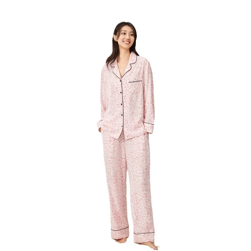 Tencel Lyocell Spring and Summer Thin Pajamas Homewear Summer Pink Leopard Print Large Size Spring and Autumn Long Sleeve Suit