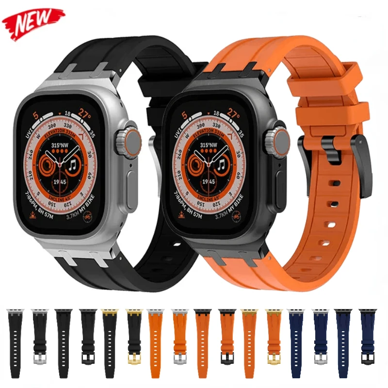 Fluororubber tali silikon untuk Apple Watch, tali silikon untuk Apple Watch Ultra 49mm 10 9 8 7 46mm 45mm Kit modifikasi gelang IWatch 6 5 4 3 SE 44mm 42mm