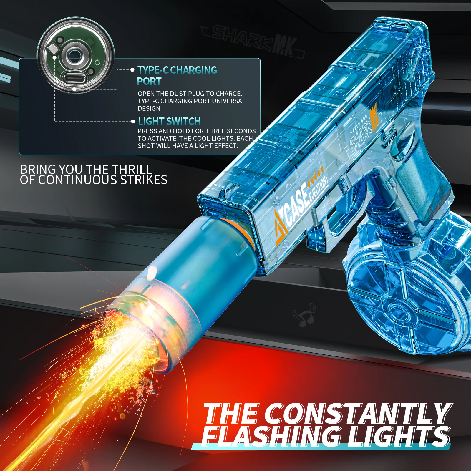 Elektrisch waterblauw pistool, automatisch spuit met pistool Realistisch pistool Snuitvlam Zomer buitenstrand Zwembadfeestspeelgoed