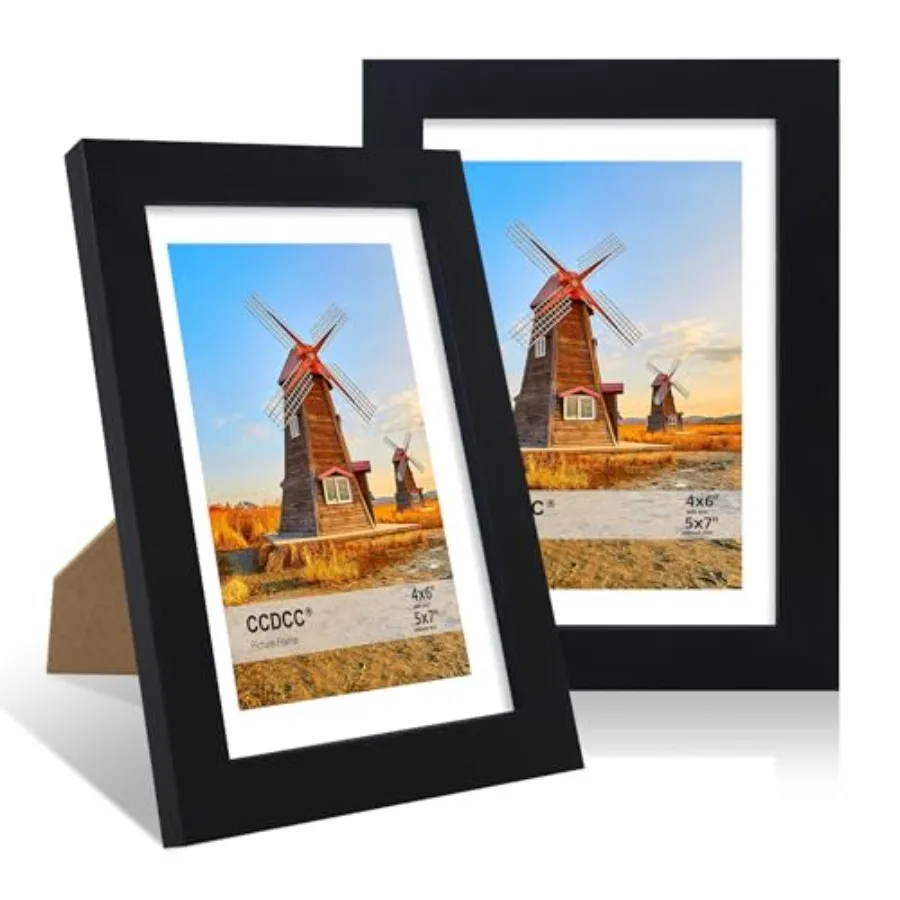 5x7 Picture Frame Set of 2, 5 x 7 Wood Photo Frames with Mat for 4x6, Wooden Frame with Real Glass Cover for Wall and Tabletop