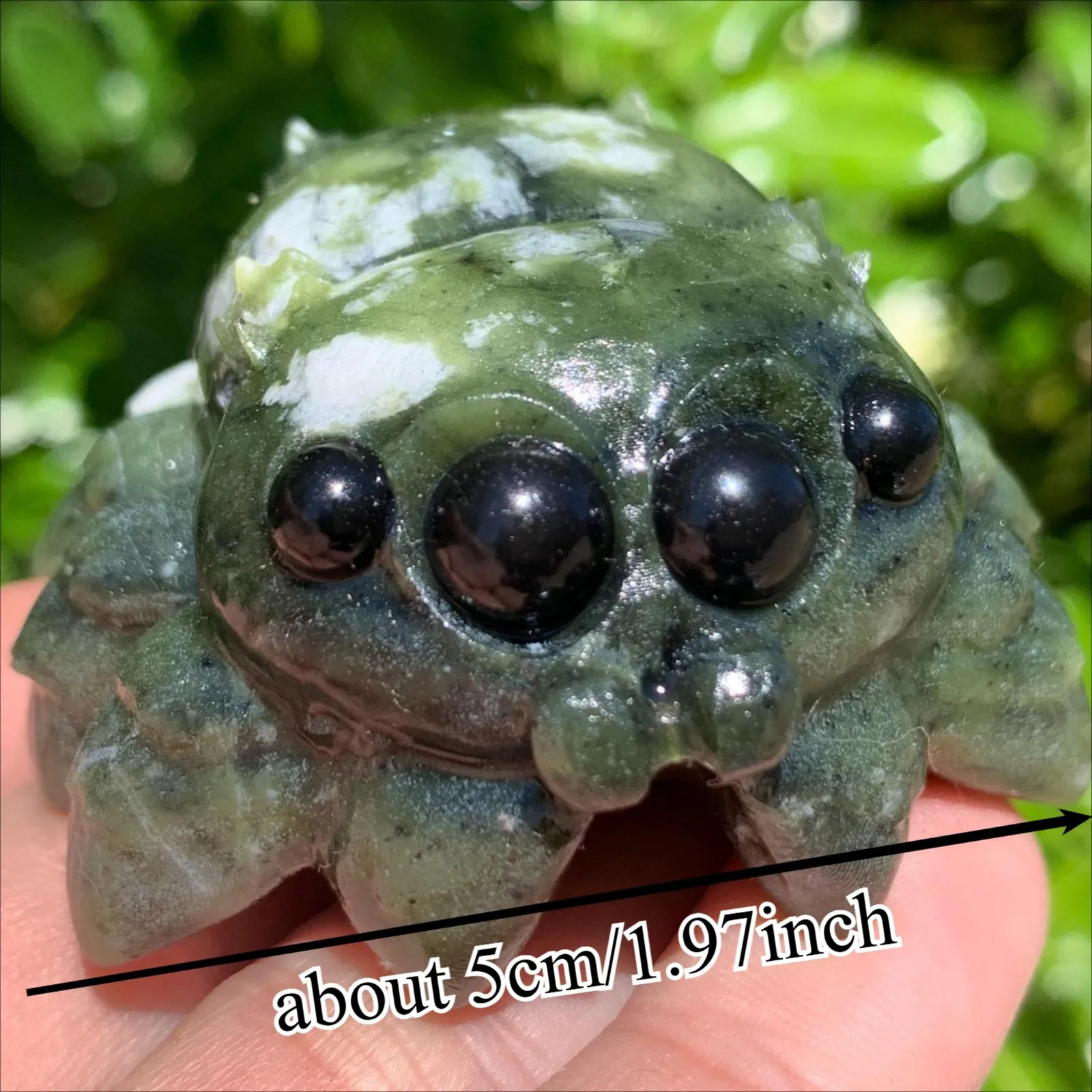 Natural Stone Spider Statue, Xiuyan Jade Spider Carving with Obsidian Eyes