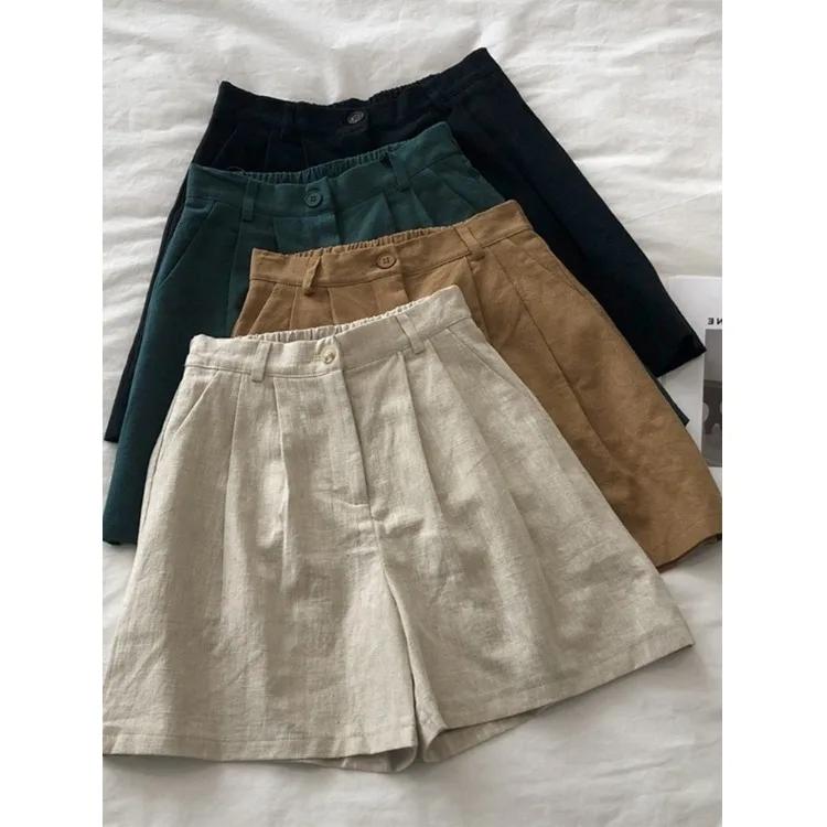 กางเกงผ้าฝ้ายลินินสไตล์ญี่ปุ่นย้อนยุคสำหรับผู้หญิง ฤดูร้อน เอวสูง ไซส์เล็ก ทรงเอ ขากว้าง ลำลอง ความยาวห้าส่วน