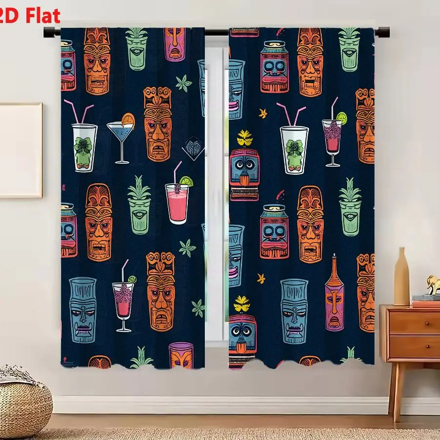 2Pcs Curtains 2D Flat Tiki Masks Tropical Drinks Pattern On Dark Blue Background Vibrant Repeating Whimsical Playful Style With