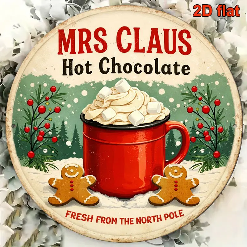 2D Flat, 1pc Bohemian Mrs. Claus Hot Chocolate Sign - Round Artificial Plaque Suitable for Kitchen, Cafe, Bar Decor, Christmas W