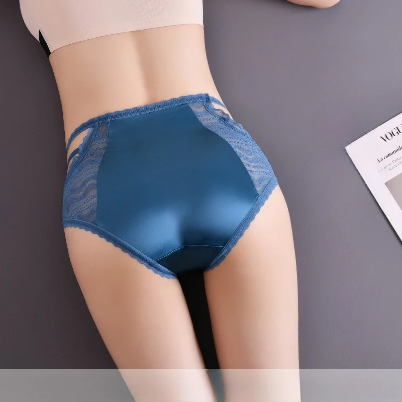 Sexy High Waist Lace Panties Women Alluring Iced Silk Hollow Out Plus Size Briefs Tummy Control Breathable Underwear Hipster