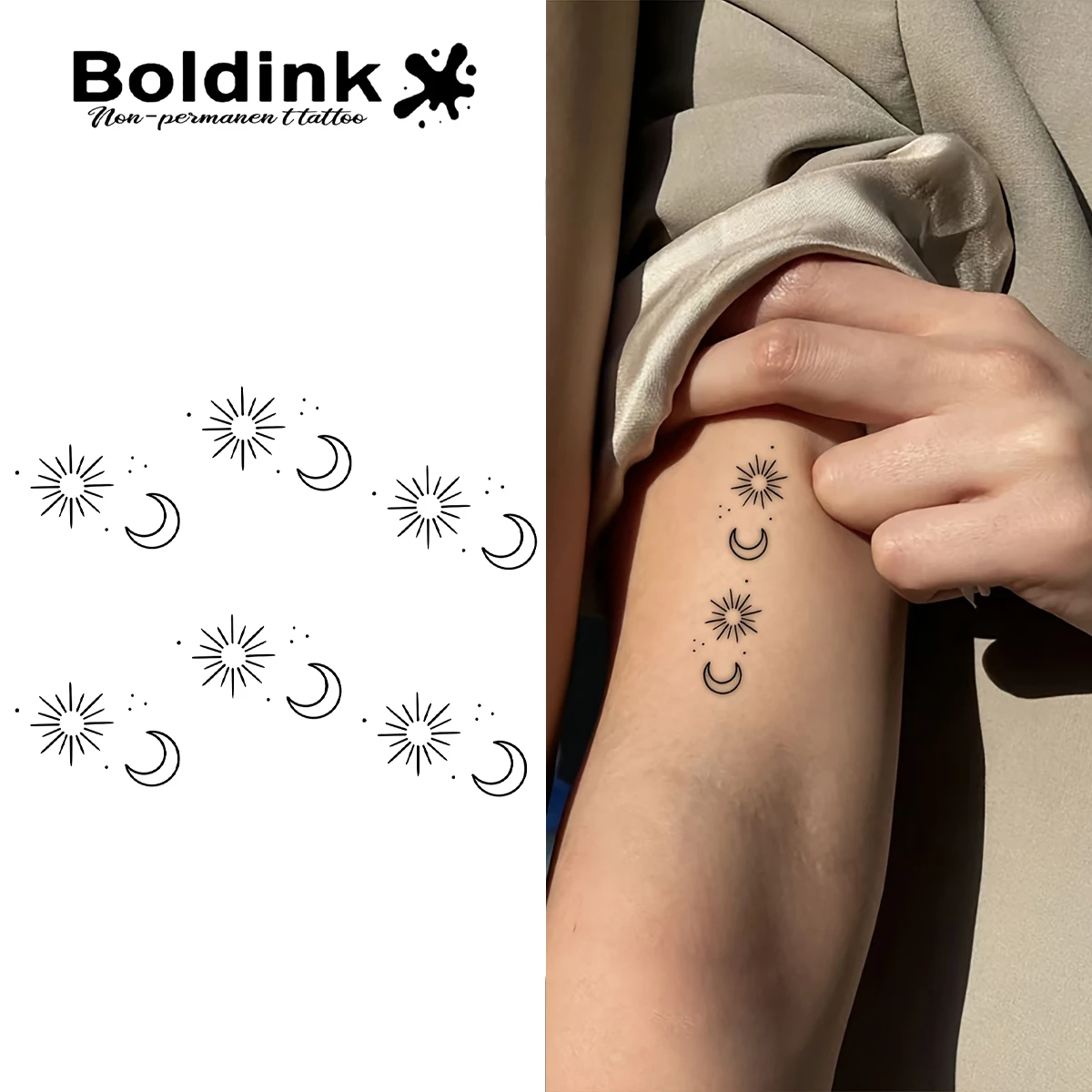 Boldink Sun and Moon Totem Tattoo Sticker | 6 Suns 6 Moons Alternating | Minimalist Black and White Lines | Non-permanent Waterp