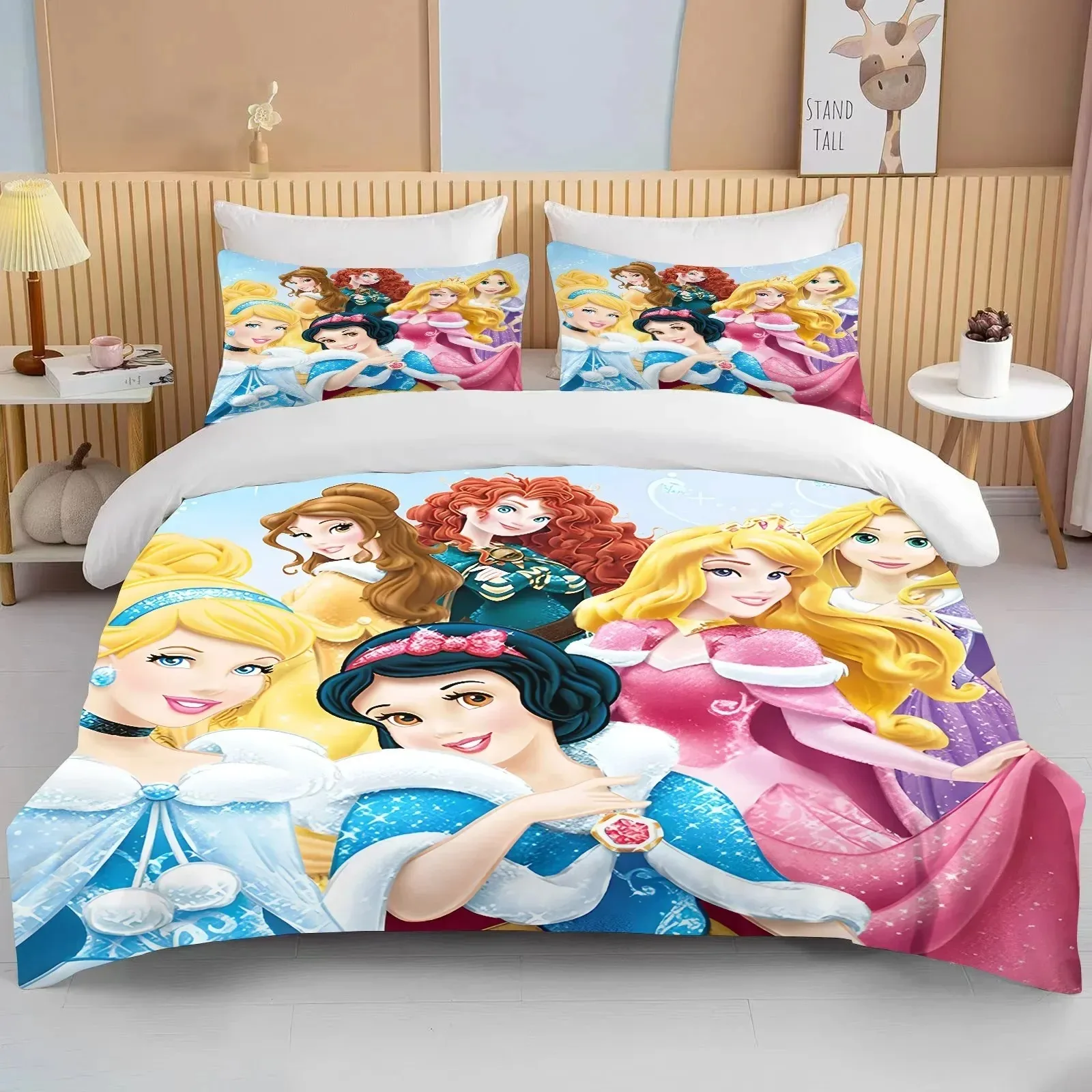 Disney Princess Snow White Bedding Set,Cinderella Ella Bed Cover,Ariel& Aurora Bed Cover,3D Children Rapunzel Bedding Set