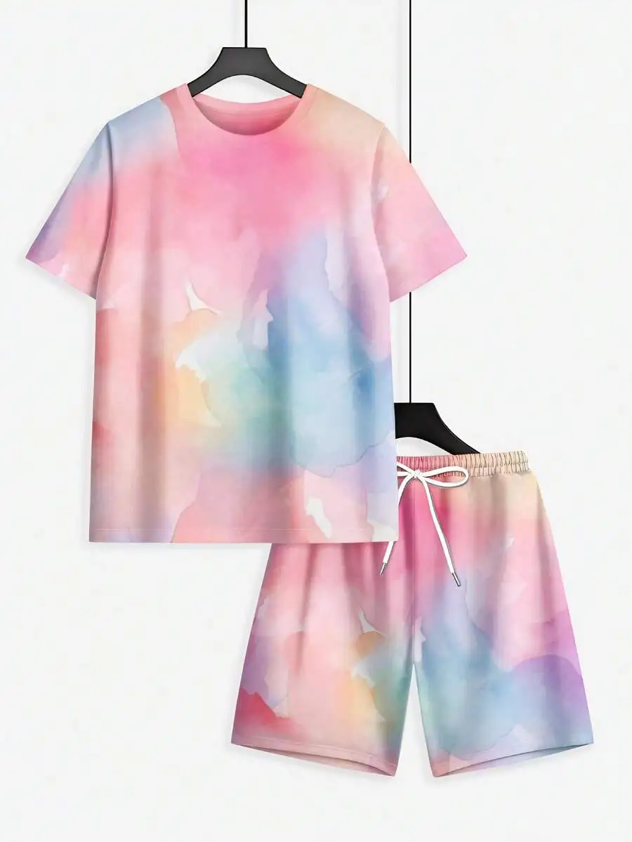 

Mens Tie Dye Short Sleeve T-Shirt And Shorts Set Pastel Rainbow Summer Casual Outfit