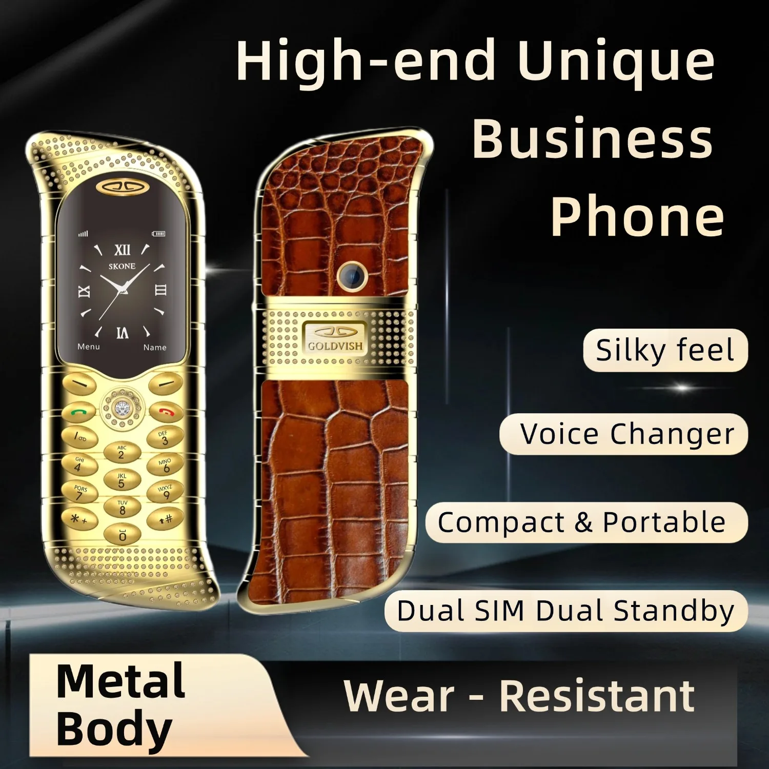 

Funny Shape Luxury Cellphone Metal Body Two Sim Magic Voice Blacklist Mobile BT Dialing Special Design Low Price Mobile Phone