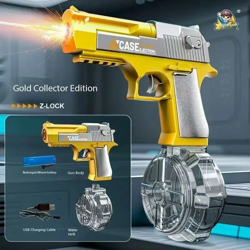 Pistola de água para piscina de verão, praia, brinquedo dourado, águia do deserto, pistola de água automática com led, brinquedos de combate aquático para crianças e adultos