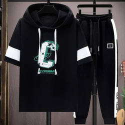 Casual Summer Men's Sets Clothing Youth Streetwear Short Sleeve Cotton Hooded T-Shirts And Full Length Pants Two Piece Tracksuit