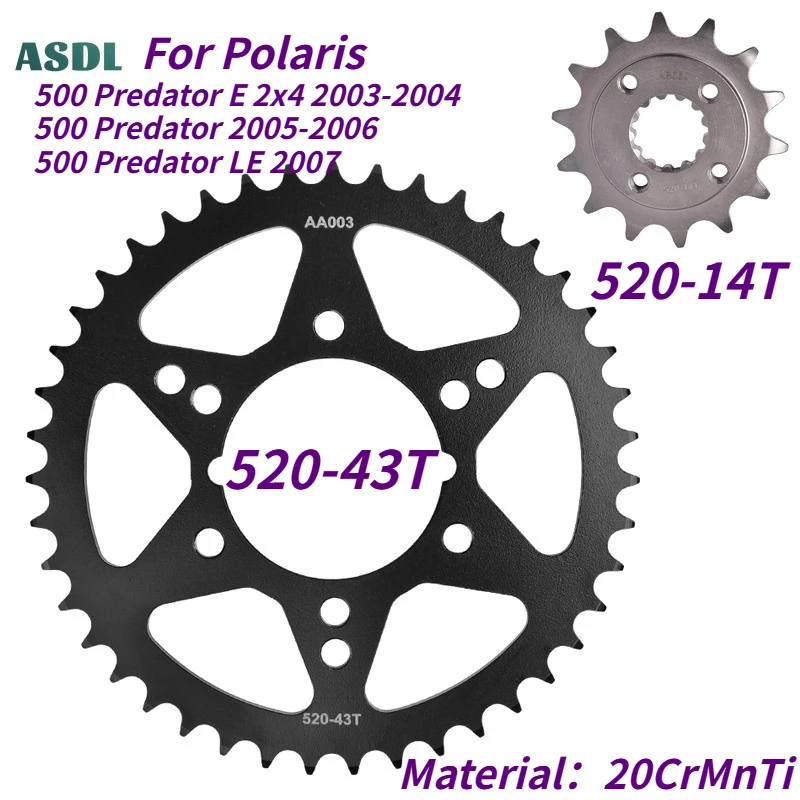 Para Polaris 500 Predator E LE 2003-2007 piñón trasero delantero de motocicleta 520 43T 14T 500 piezas de motocicleta de rueda dentada Predator