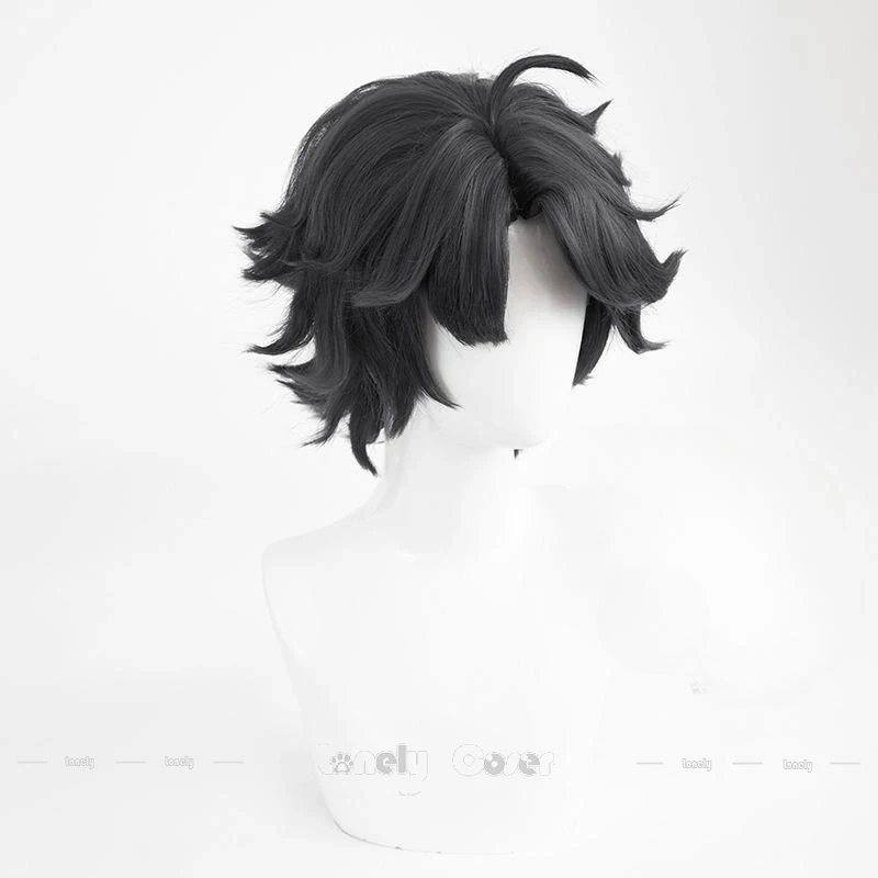 Peluca de Cosplay de Identity V Fools Gold Norton Campbell, peluca de pelo ondulado negro corto Infernal Sin para hombres, mujeres y niñas, Carnaval, Halloween
