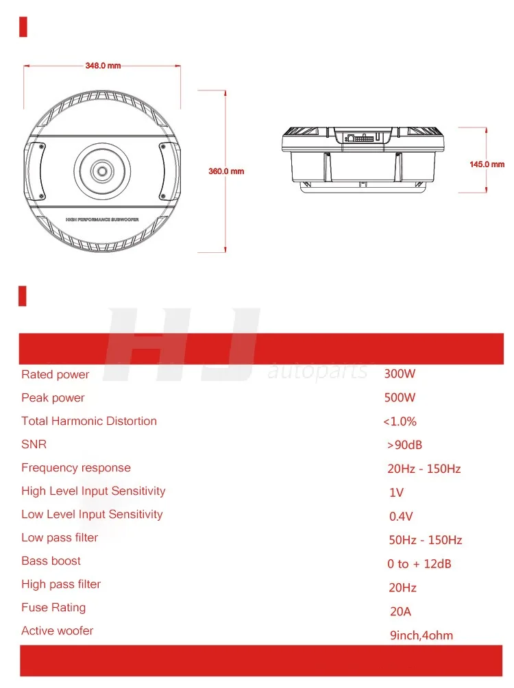 9 Inch 500W Car Subwoofer Power Amplifier Aluminum Box Active Sub Woofer Install on Spare Tire Audio System Pure Bass Speakers