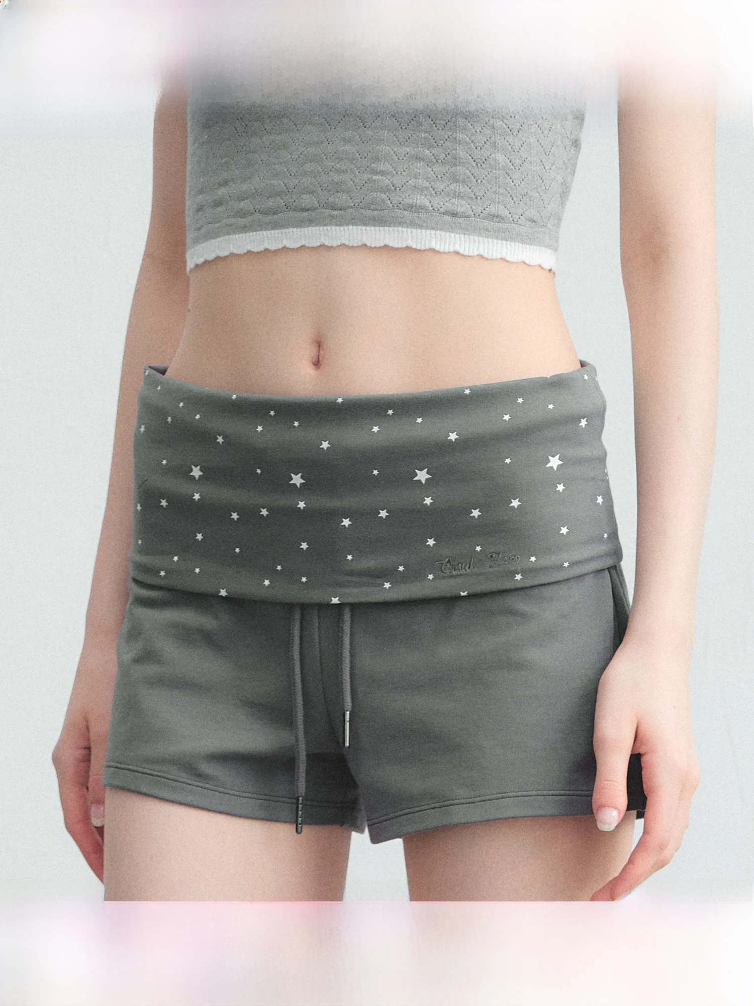 

Low Waist Printed Casual Shorts Women's Star Print Cool Sporty Straight Leg Hot Pants Grey Comfortable Elastic Waistband