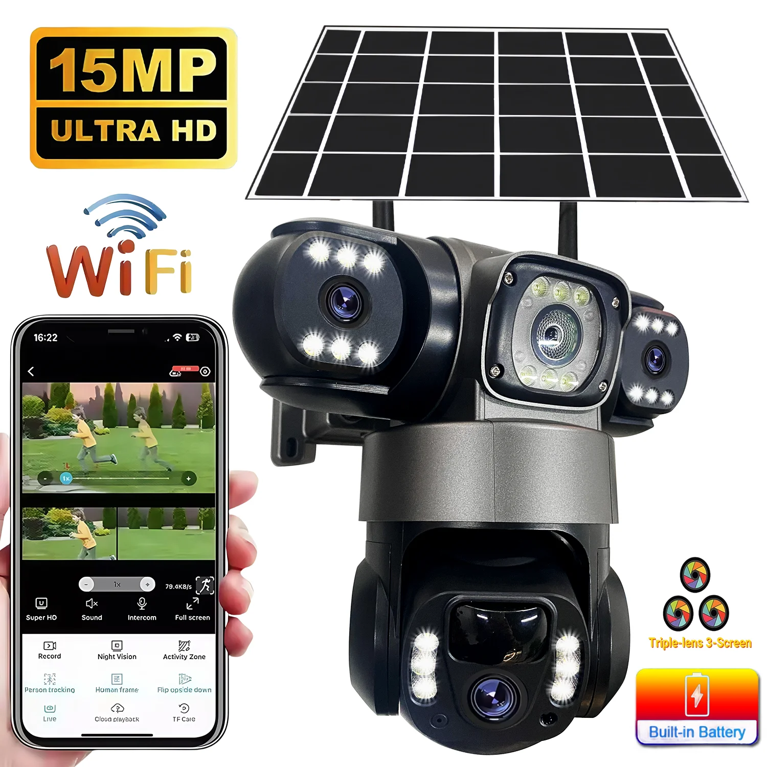 

Solar WiFi Camera with Battery 15MP Three Lens Three Screen Monitor Night Vision Security Protection PTZ IP Video Surveillance