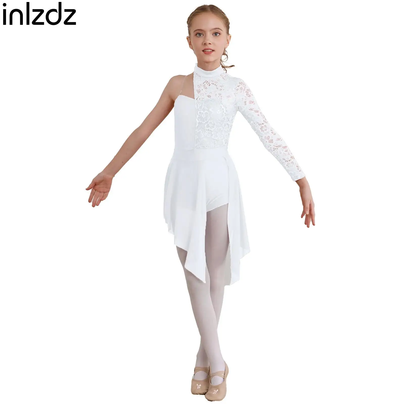 

Child Girls Lyrical Dance Dresses One-Piece Boyshorts Jumpsuits Half Floral Lace Bodice Asymmetrical Hem Skirt for Modern Dance