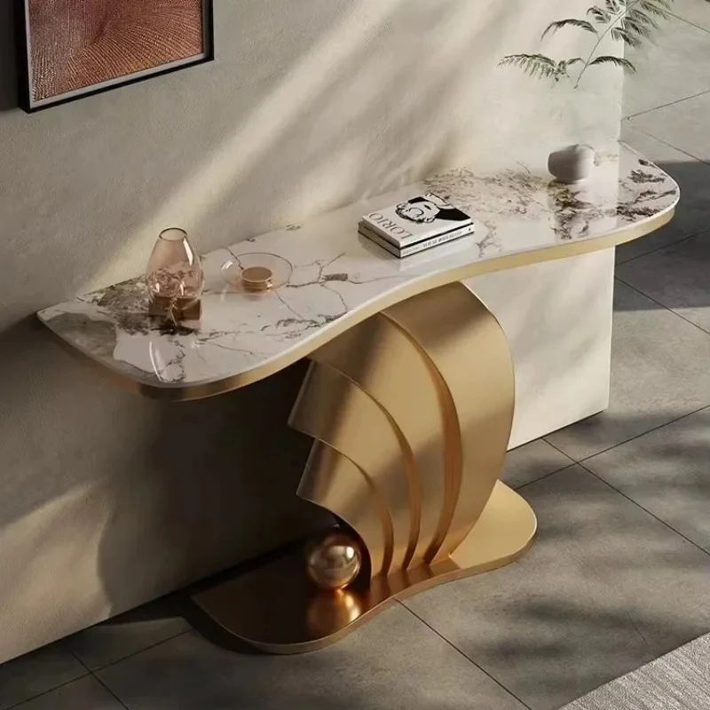 

Итальянский светлый роскошный входной стол из каменной плиты, высококачественный стол из нержавеющей стали для виллы, отеля, коридора, торцевого вида