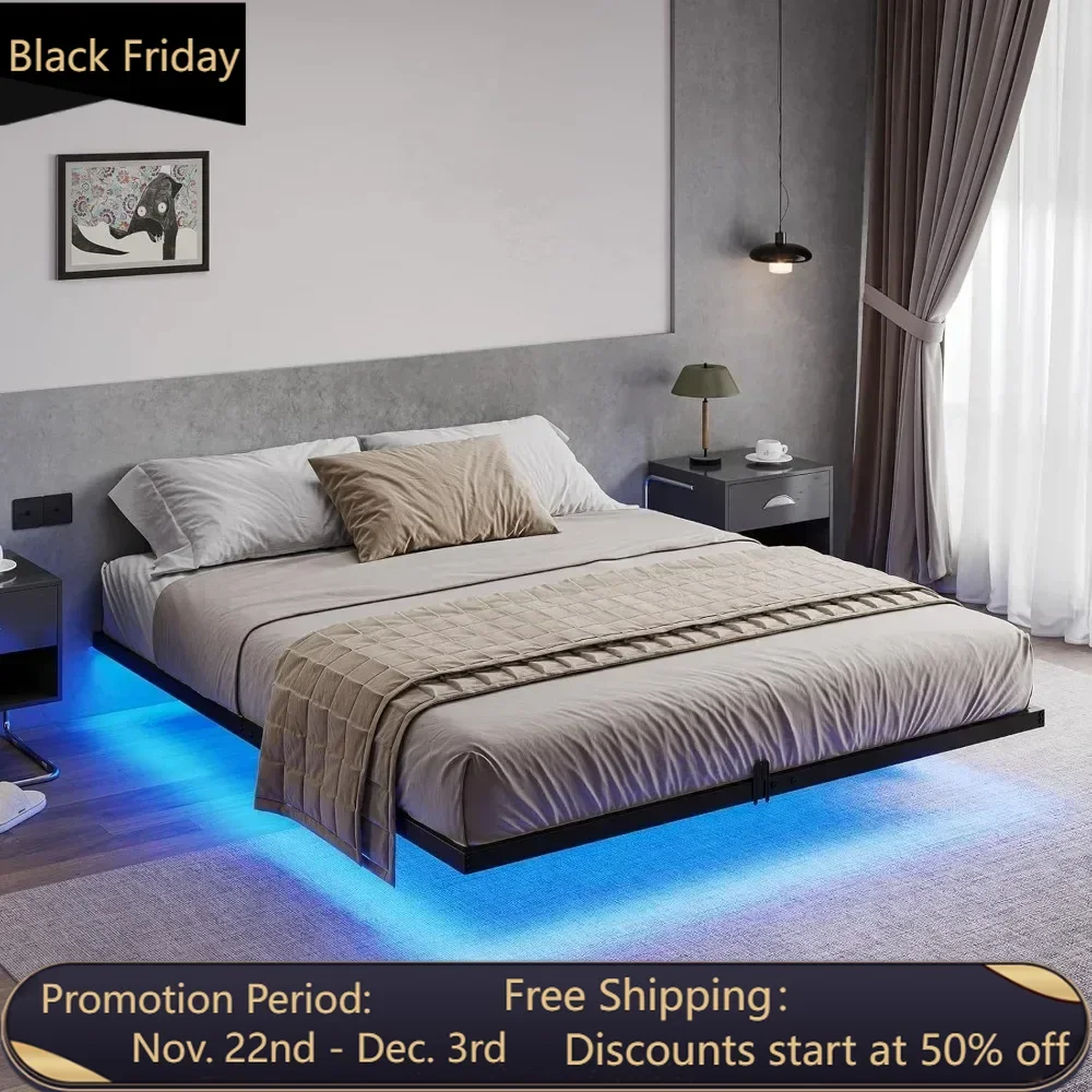 Floating Bed Frame Full Size with LED Lights, Metal Platform Full Bed, No Box Spring Needed, Easy to Assemble (Full)