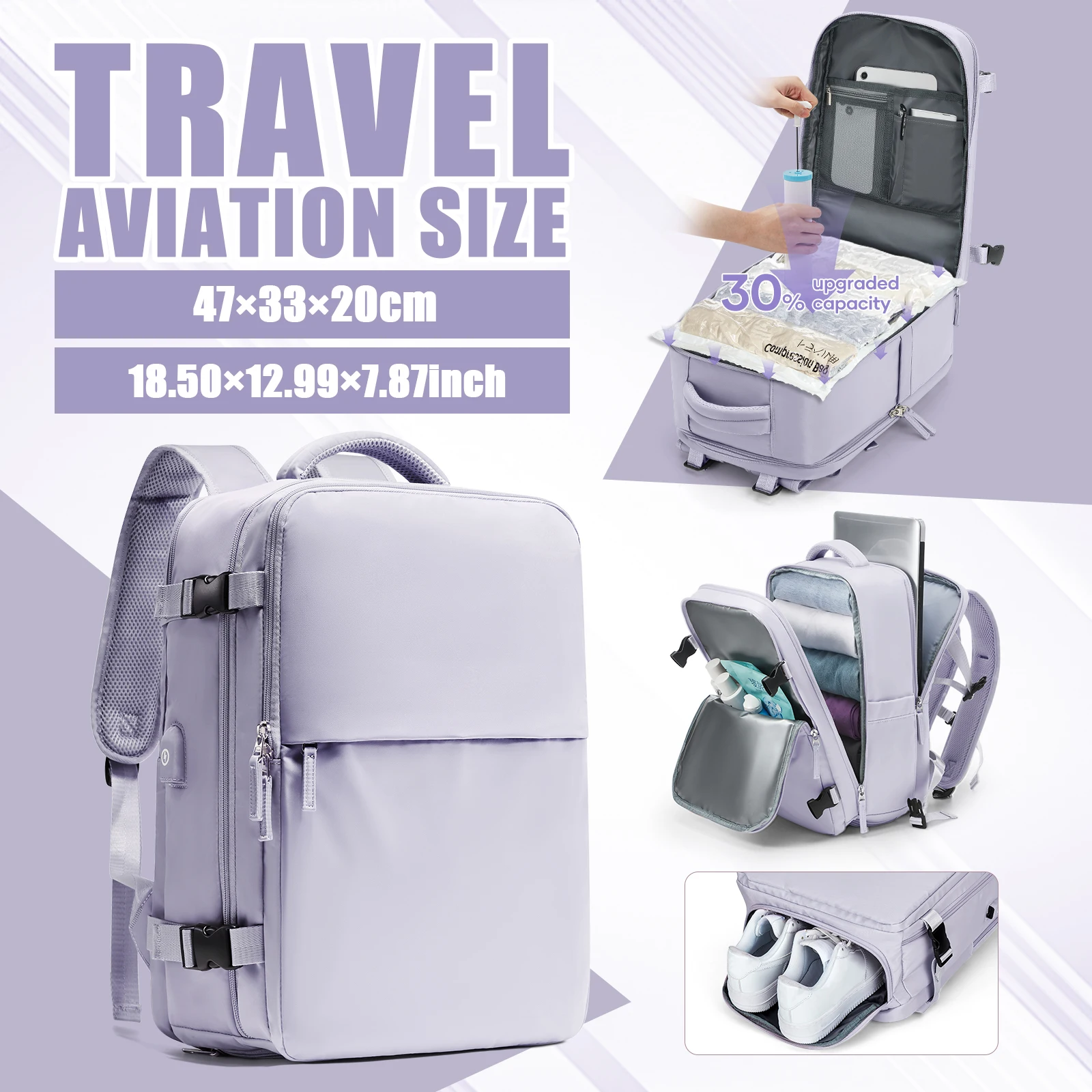 Mochila de Viaje con Bolsa de Compresión al Vacío, Mochila de Cabina para Avión, Mochila para Mujer, Equipaje de Mano, Bolsa para Portátil, Mochila Escolar