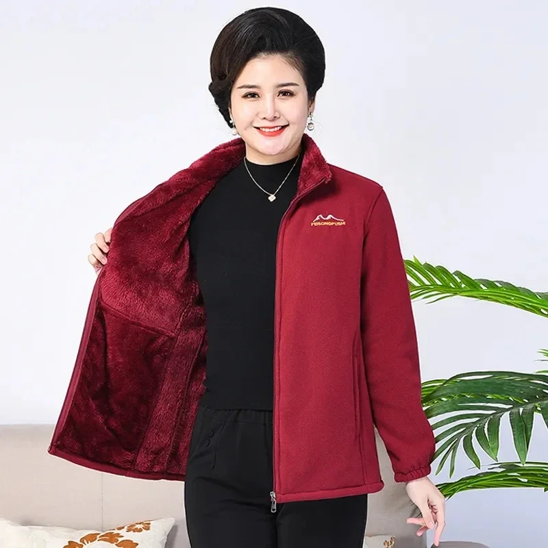 Spring Autumn Mother's Coral Velvet Fleece Stand collar Jacket Thicken Slim Warm Coat Casual Women's Zipper Sweatshirts tops