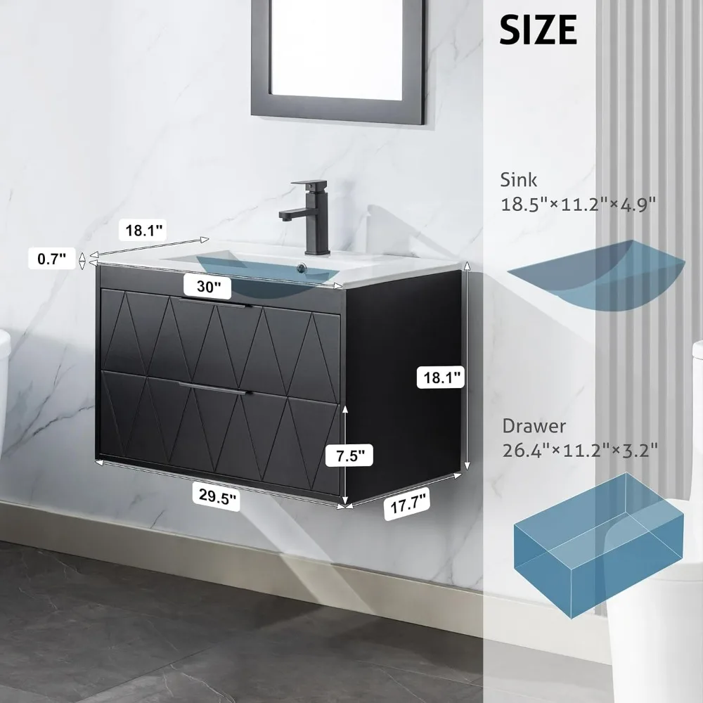 Organizadores de baño, mueble de baño de 30" con combinación de lavabo, mueble flotante montado en la pared con línea decorativa, sistema de cierre suave