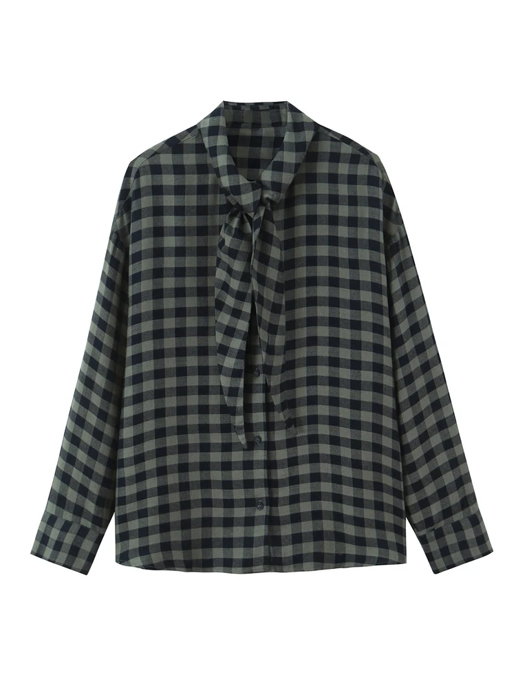 

Женская модная рубашка-блузка с воротником-шарфом в зеленую клетку, однобортная, с длинным рукавом, свободного кроя, укороченная, новинка 2026 года, повседневный стиль для женщин