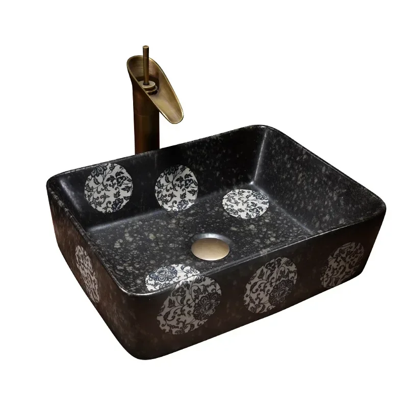 Y Retro Hemp Stone Blue and White Porcelain Table Basin Wash  Household Square Inter-Platform Basin Wash Art  Bathroom