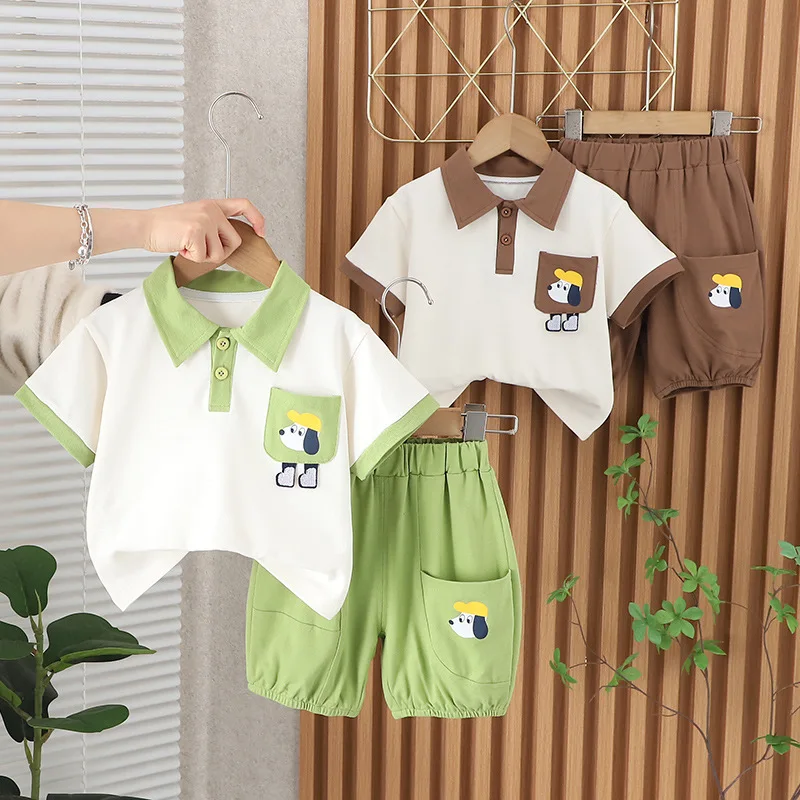 Boys short sleeve suit summer 2024 new style casual pocket wearing hat dog lapel short sleeve two-piece set tide 1-7 Yearsold