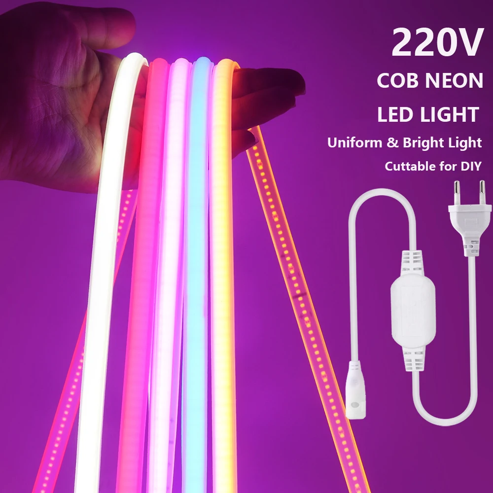 AC 220V COB LED Neon Strip Light Waterproof White Pink Red Blue 288LED/m EU Power Plug Kit RA90 Flex Tape 10 Color Garden Decor