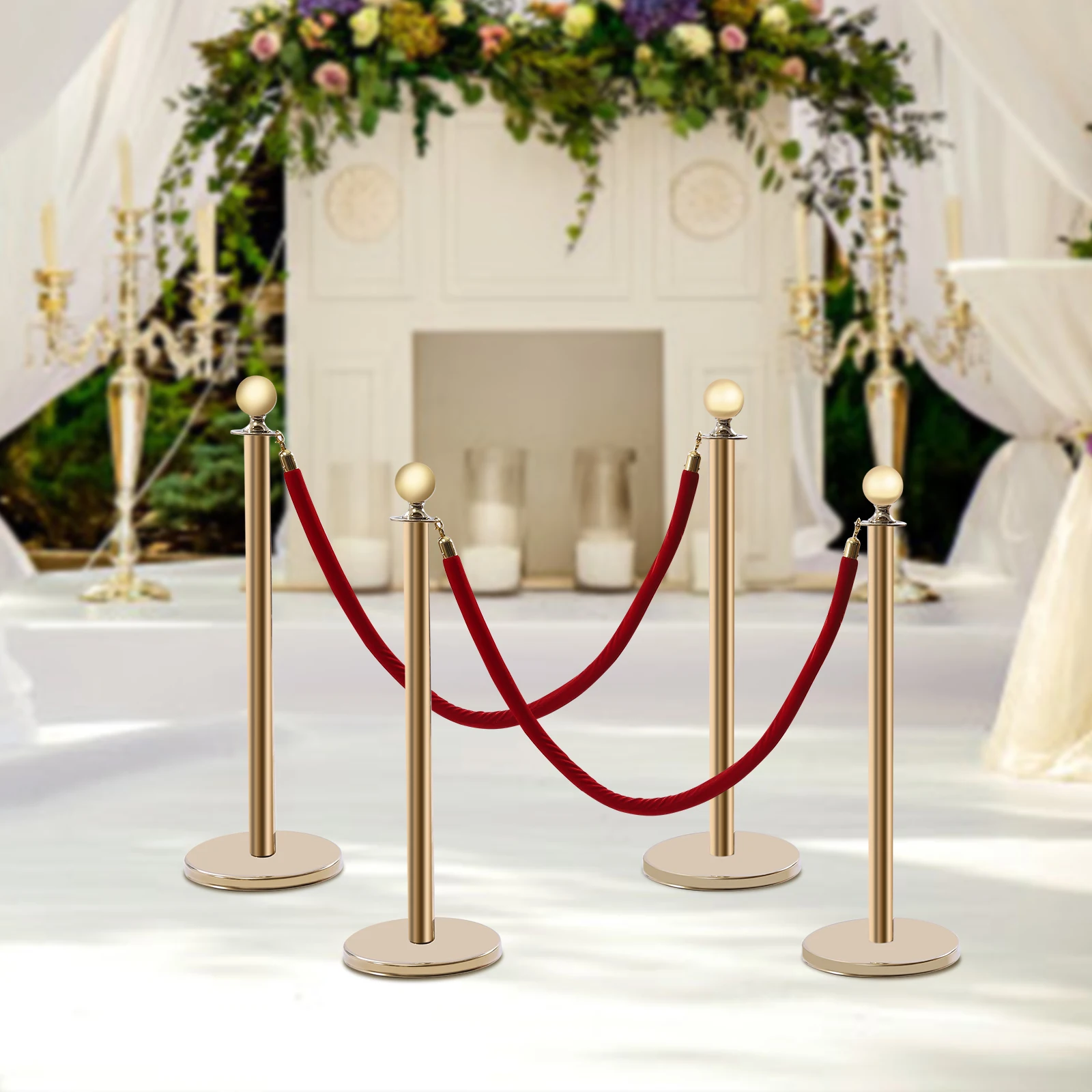 4pcs Crowd Control Barrier, Stanchion Set w/ 1.5m Red Velvet Rope--Four-Directional Connection