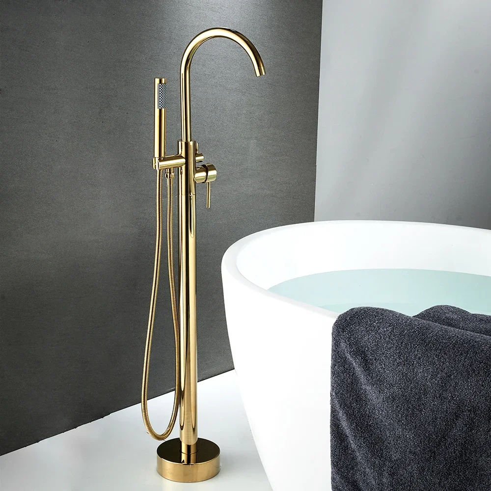 

Bathtub Faucet 6021B-K Free Standing Swivel Spout Single Handle With Hand Spray Brass Gold Floor-standing Shower Set