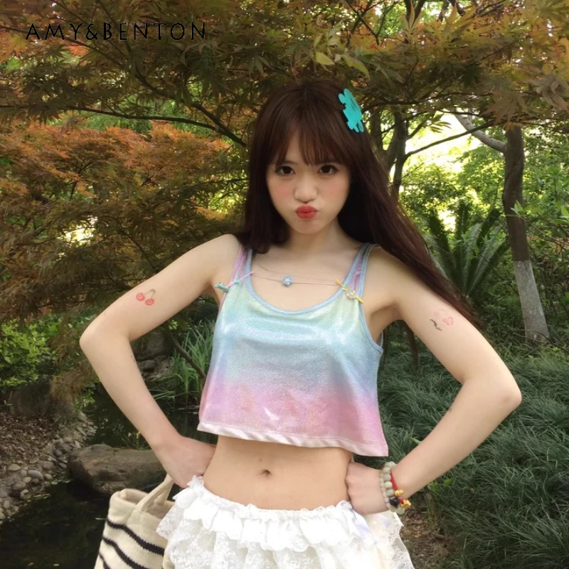 

Original Colorful Cool Gradual Change Streamer Short Women's Sling Summer Loose Thin Sweet Cute Casual Sleeveless Vest Ladies