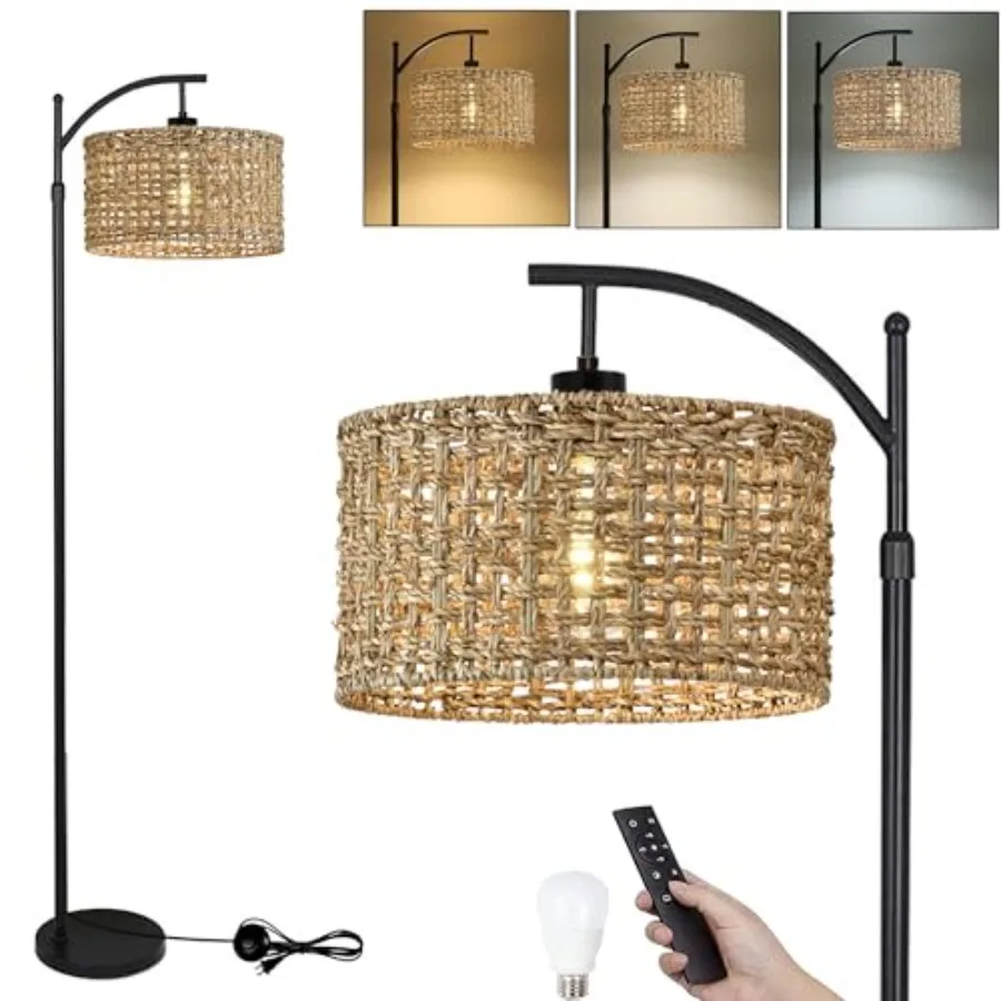 

Arc Floor Lamp for Living Room with Remote Control, Boho Floor Lamps with 3 Color Temperature, Rustic Standing Lamp with Rattan