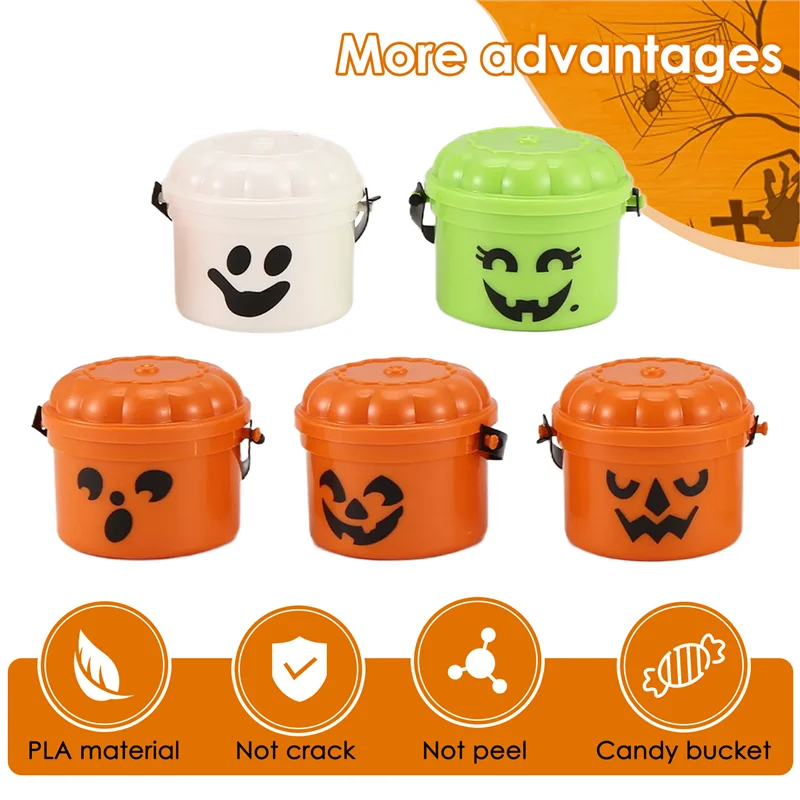 A04F-호박 미니 버킷 미니어처 할로윈 버킷 탈부착 가능한 뚜껑과 작동 가능한 손잡이 미니 트릭 (5개)