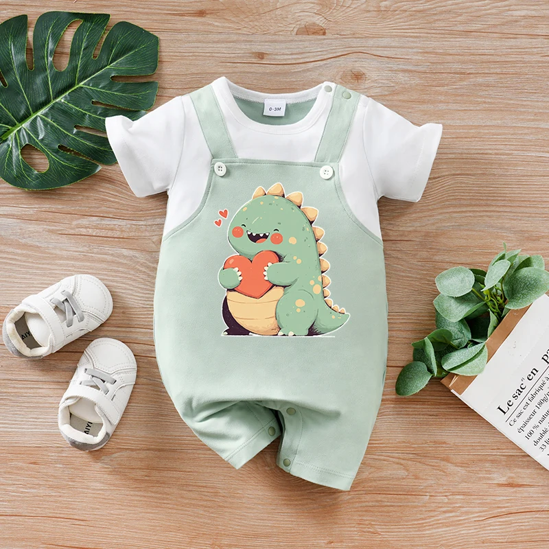 بدلة قفز للأطفال حديثي الولادة للعطلات الصيفية مكونة من قطعتين مطبوعة على شكل ديناصور لطيف وأكمام قصيرة ورقبة دائرية