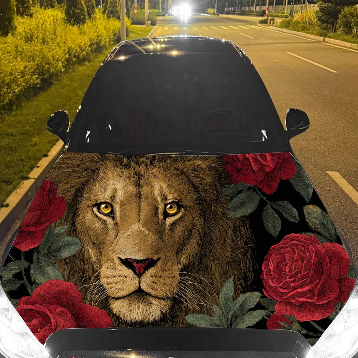 

Car Decals A Lion Design with Vibrant Red Rose Textured Background & Artistic, Commanding Visual Details Car Hood Sticker, Water
