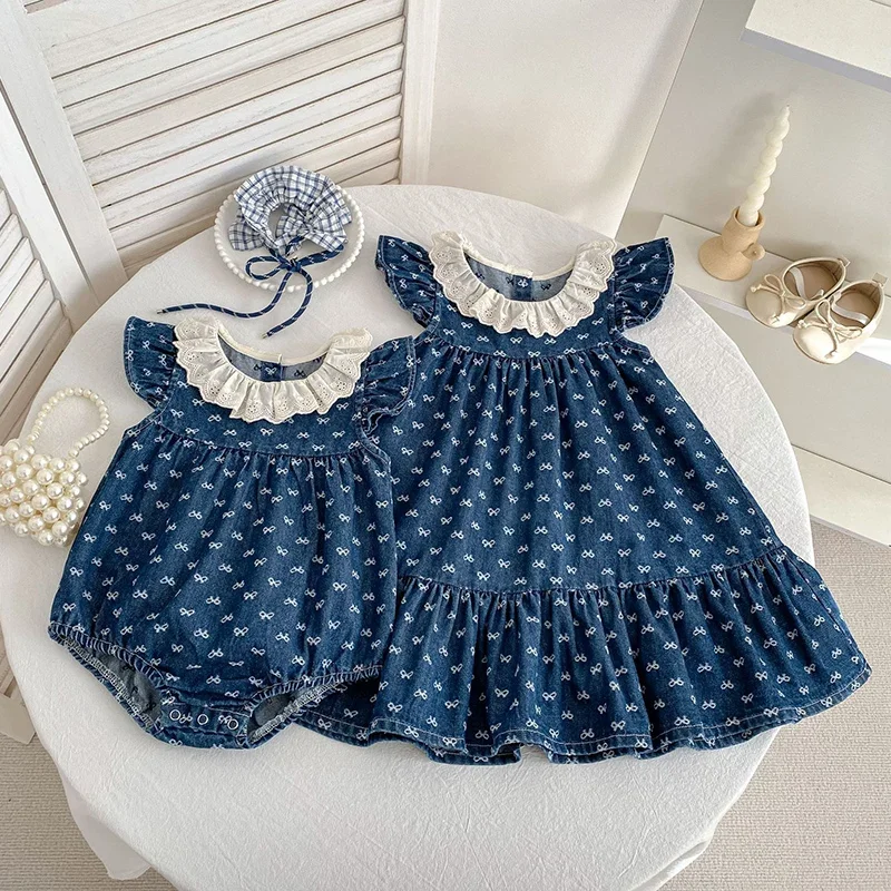 

2026 New Summer Kids Princess Dresses Infant Romper Flying Sleeve Denim Lace Splicing Baby Girl Party Dress Children Clothes